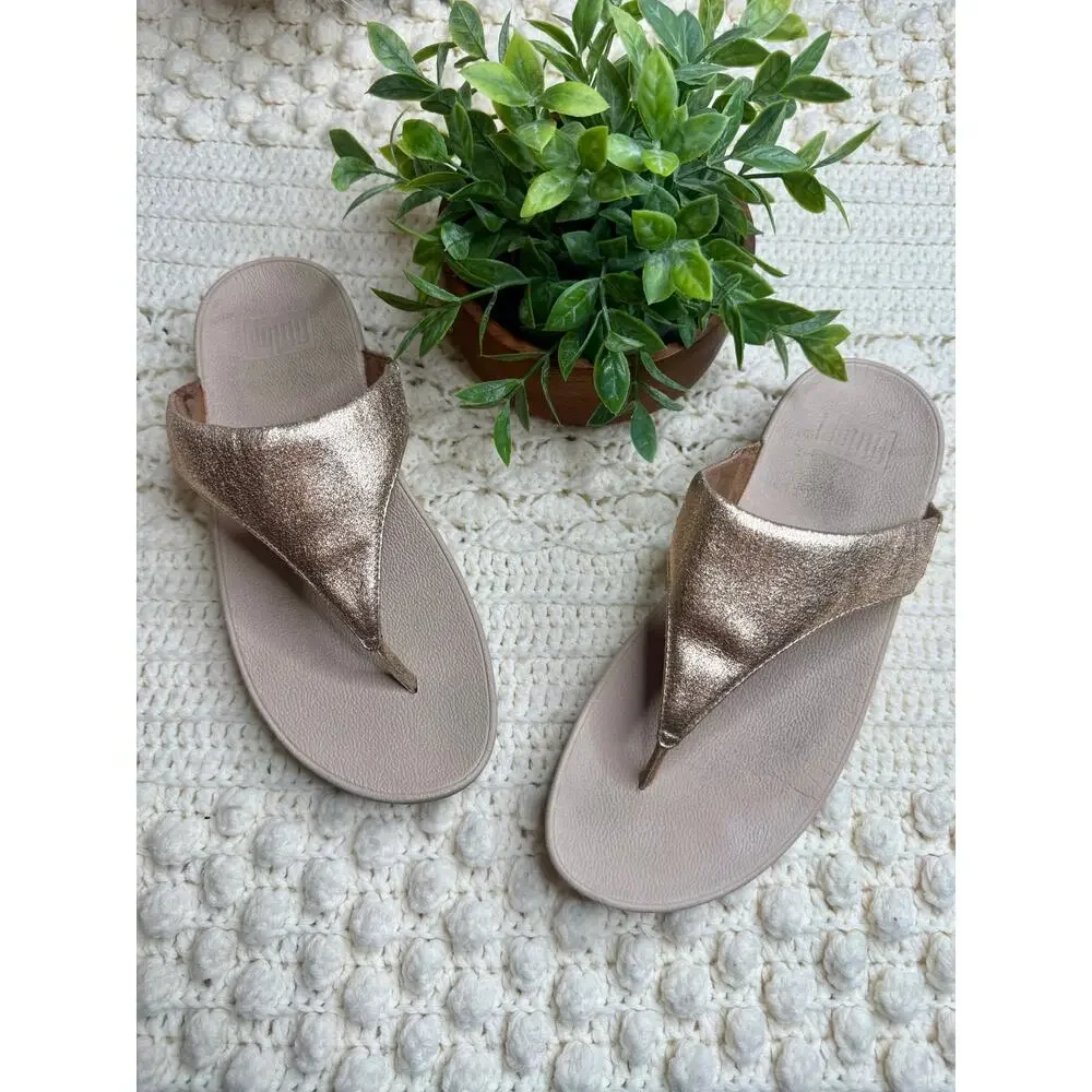 FITFLOP Women's 9 LULU Leather Toe Post Sandal Shoes Pink Rose Gold Glitter